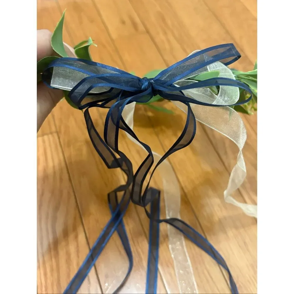 Girls Handmade Faux Flower Crown with Navy and White Bow Ribbon